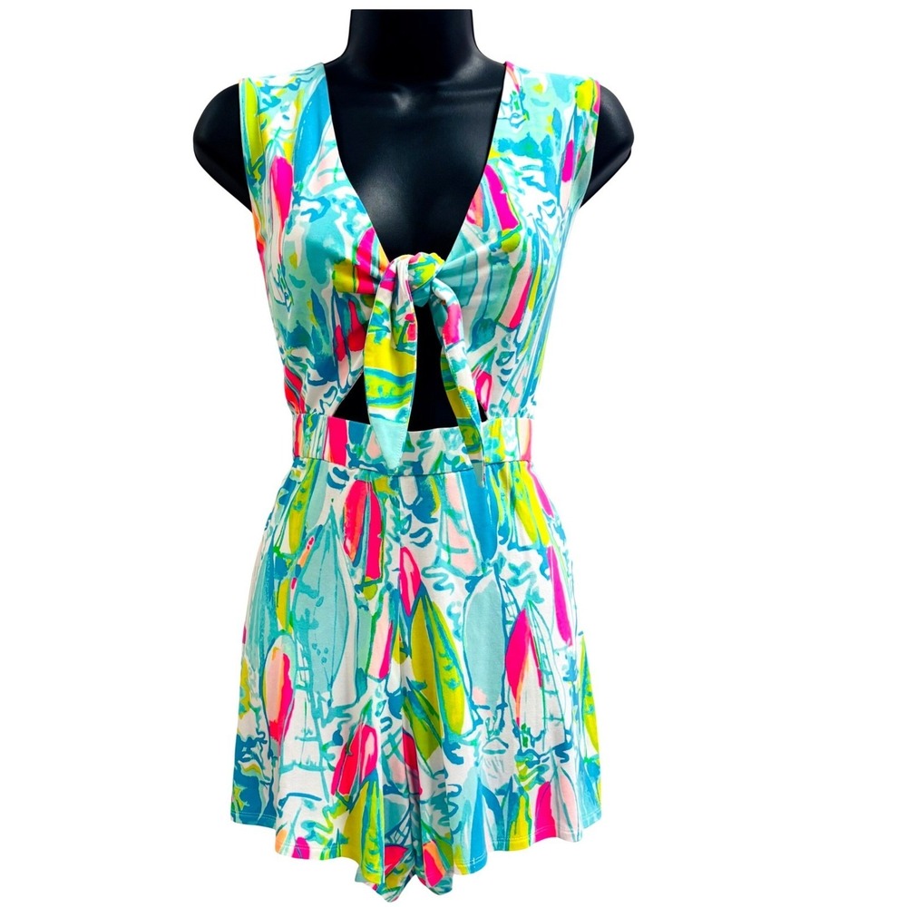 Lilly Pulitzer Donna Romper Small Neon Sailboat Print Tie Front Cutout 25924